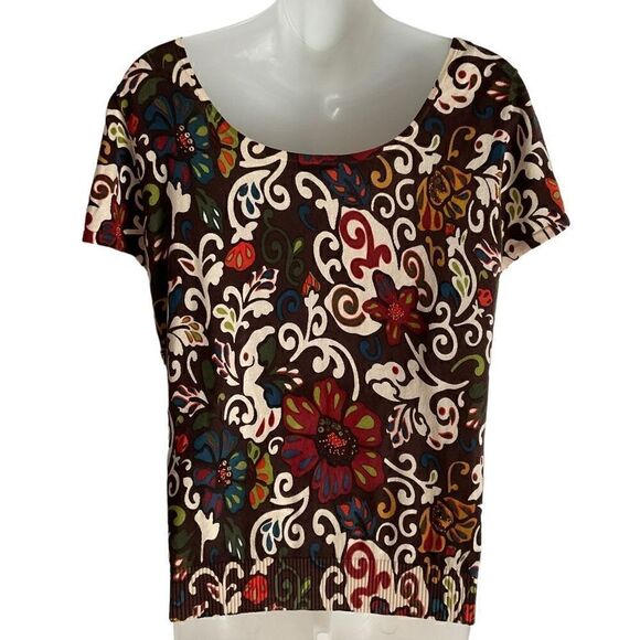 Lafayette 148 New York Blouse T-shirt Sequined Beaded Floral Tan Brown Red Large - Picture 2 of 11